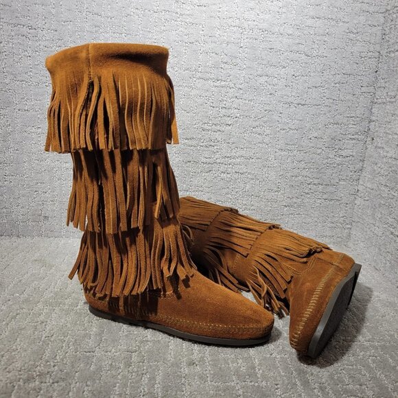 Minnetonka Moccasins 3 Layer Fringe Women's Size 5 Brown Suede Calf High Boots - Picture 9 of 10